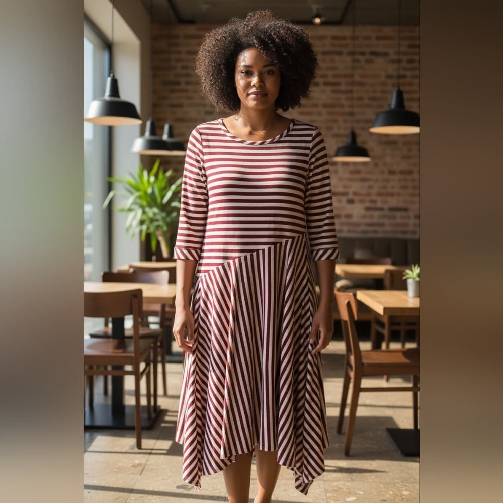 Soft Surroundings Vivianna Boho Striped Maroon Cream Asymmetrical Dress Large